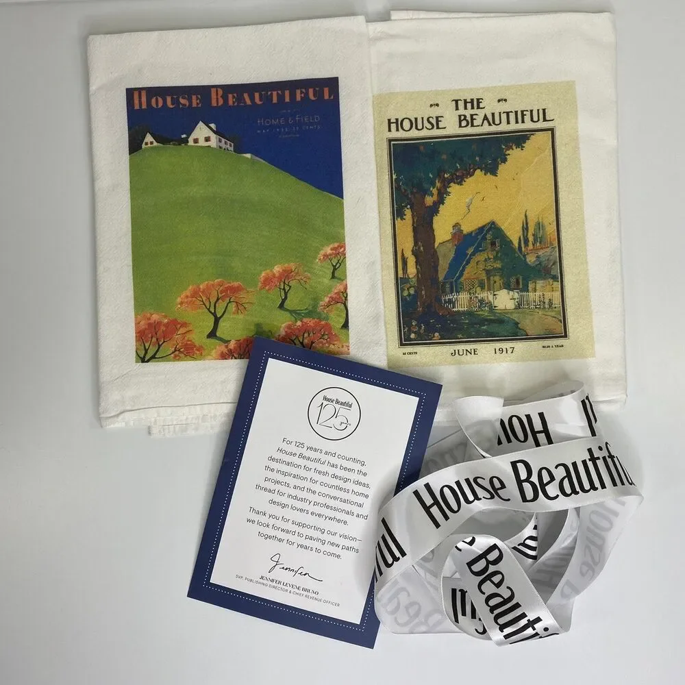 2 House Beautiful Tea‎ Hand Towels Vintage Graphics Ribbon Notecard Farmhouse